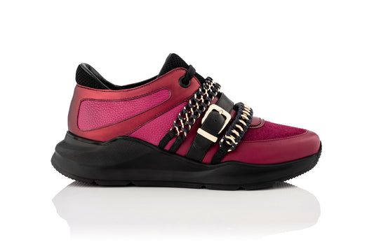 burgundy leather sneaker with black sole and chain adornments