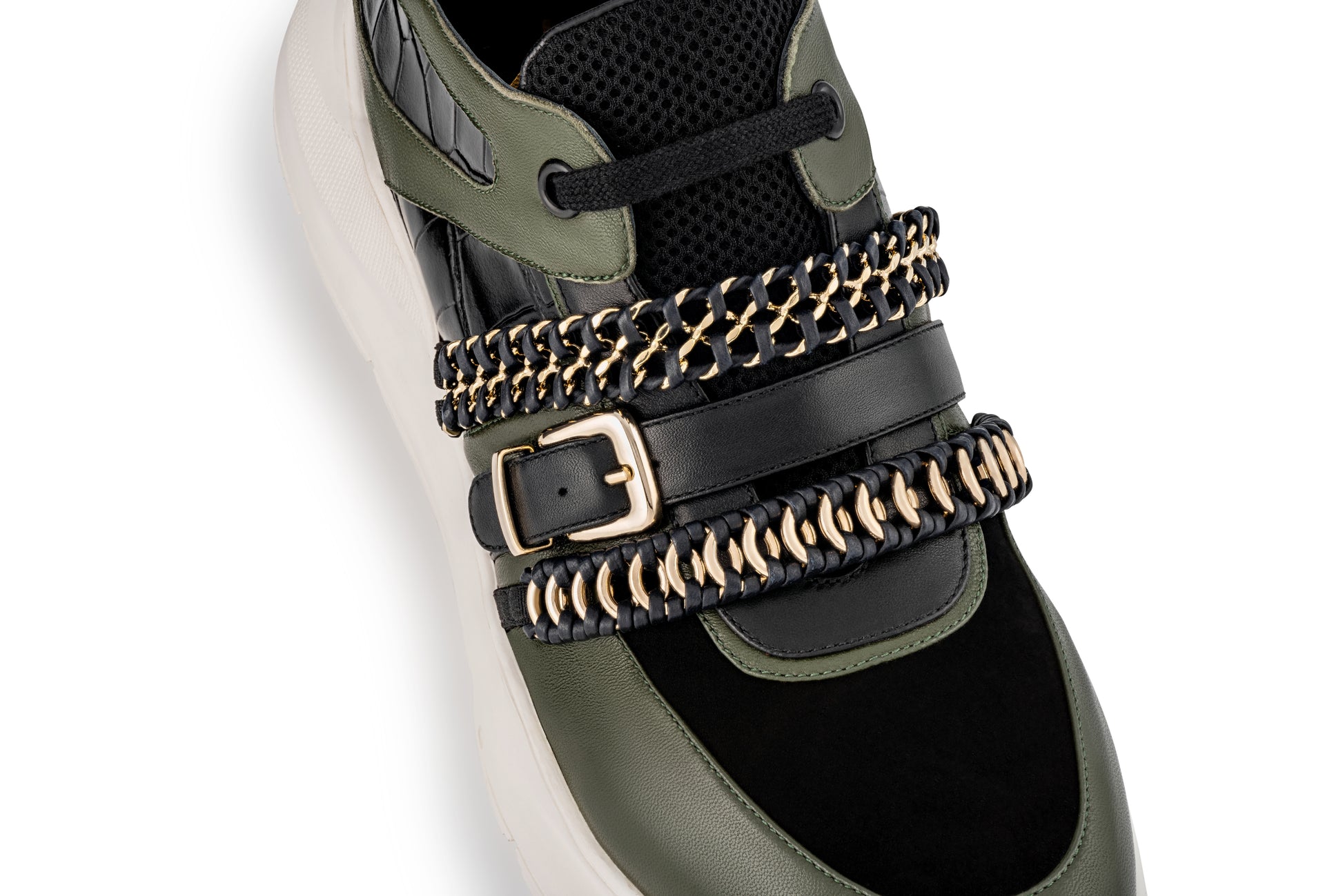 gender neutral sneaker made from italian leather and chain adornments