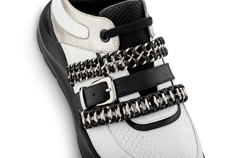 Italian made leather sneaker with chain accents