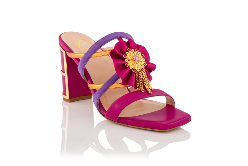 Pink and purple sandal with gold plated filigree adornments and Swarovski Crystals