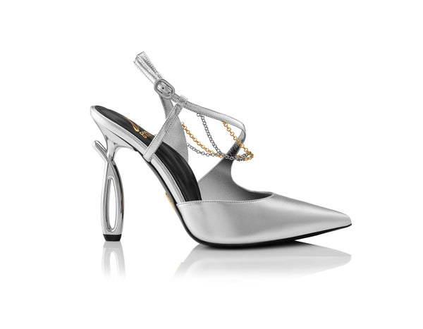 Silver leather heel with mirrored sculptural heel