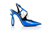 Italian Leather heel with blue leather and sculptural heel and chains