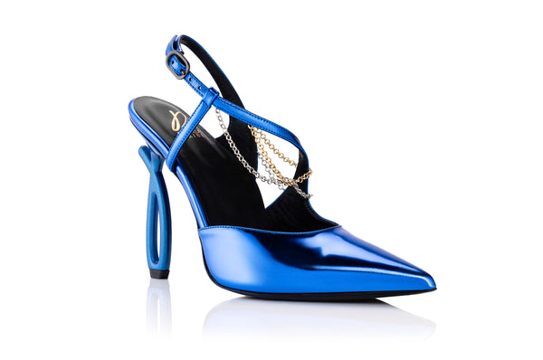 Blue leather heel with chain adornments and logoed heel