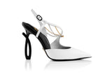 White and Black Italian leather high heel with chain adornments and a sculptural heel