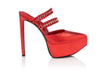 metallic red leather platform heel with chain straps